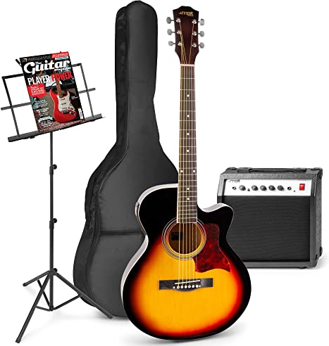 MAX Guitarra Electroacústica Sunburst – Set Completo con Amplificador 40W, Atril, Bolsa, Afinador, Cuerdas, Correa, Púas y Cable – Ideal para Adultos y Niños desde 8 Años