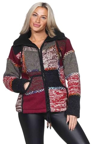 Damen Strickjacke Goa Wolle Bunte Patchwork Jacke mit Fleecefutter und Hochkragen, Größe:XXS