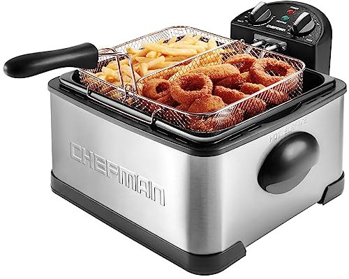 Chefman 4.5L Dual Cook Pro Deep Fryer with Basket Strainer and Removable Divider, Jumbo XL Size, Adjustable Temp & Timer, Perfect for Chicken, Fries, Chips and More, Easy to Clean, Stainless Steel
