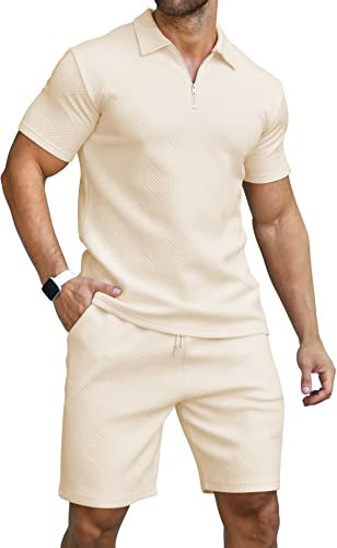 KUYIGO Los Hombres de Primavera de Manga Corta Polo y Pantalones Cortos Set de Golf al Aire Libre Casual Sports Set L Beige