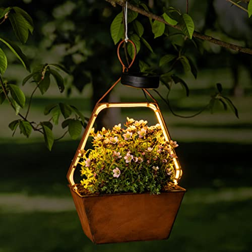 Spetebo Solar Hängeleuchte zum Bepflanzen in Rost Optik - HEXAGON - Hänge Blumenampel warm weiß beleuchtet - Garten Deko Beleuchtung mit integrierter Pflanzschale Blumenschale (Hexagon)