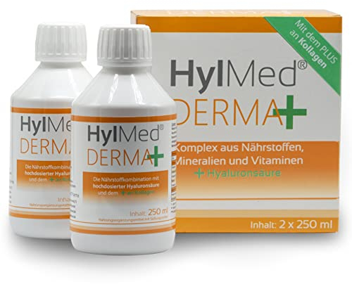 HylMed Derma+, hochdosierte Hyaluronsäure zum Trinken, mit Kollagen, Zink, Vitaminen A, C, B2, B3, Biotin als Beitrag zum Erhalt normaler Haut als 50-Tage-Anwendung