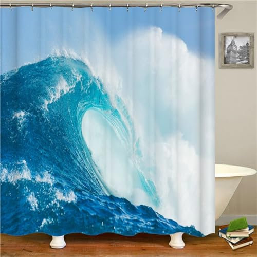 Guofuos Duschvorhang Die Wellen 250x120cm Duschvorhäng Anti Schimmel,Wasserabweisend Stoff Duschrollo Waschbar,3D Draussen Bad Vorhang Schnell Trocknend,Badewanne Badezimmer Decor Vorhänge