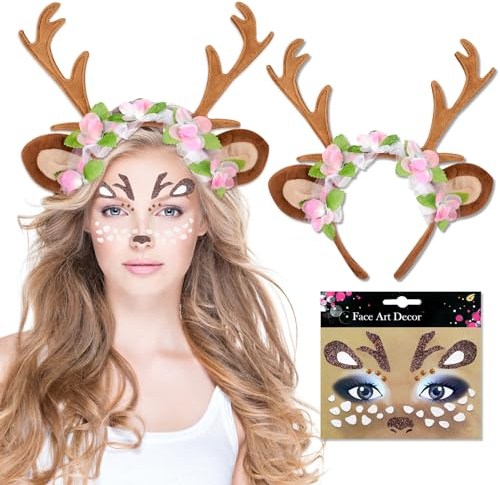 DPKOW Rentier Reh Kostüm Accessoires, 1 Reh Haarreif Fasching Damen + 1 Glitzer Reh Gesichtstattoo Karneval, Damen Faschingskostüme Accessoires Weihnachten Kinder Damen Geweih Rentier Haarreif Tattoo