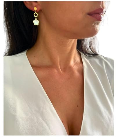 NataschaWoge® 3er Kleeblatt Perlmutt Edelstahl GOLD Huggie Creolen Ohrringe weiß schwarz Schmuck für sie Geschenk weiß Opal (Gold)