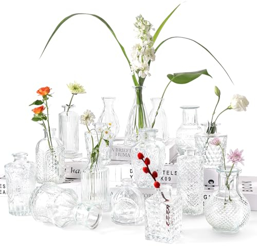 Votoko 16 Stück Kleine Vasen Set, Mini Vasen Set Vintage Blumenvase Klein Glasvase für Tischdeko, Kleine Tischvasen Set Dekoflaschen Glasfläschchen für Tischdeko Mittelstücke, Hochzeitsdekorationen