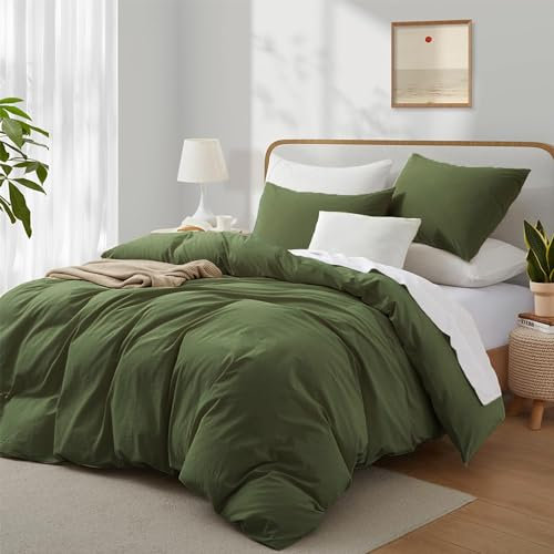 Boqingzhu Baumwolle Bettwäsche 155x220cm Grün Olivgrün Einfarbig Uni Ästhetik Weich Renforce Baumwollbettwäsche Bettbezug 155x220cm und 2 Kissenbezüge 80x80cm mit Reißverschluss