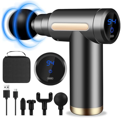 AQXONG Mini Muskelmassagepistole, Tragbares Elektrisches Massagegerät mit LCD Display, Ultraleise Massagepistole 45DB, 6 Geschwindigkeiten, 4 Massageköpfe, Wiederaufladbare Massagepistole (Grau)