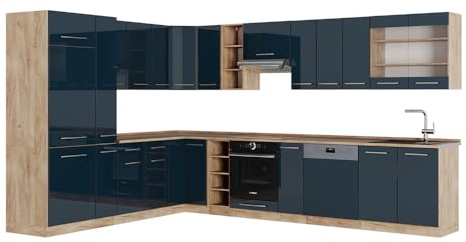 Vicco Eckküche Fame-Line, Dunkelblau Hochglanz/Goldkraft Eiche, 257 x 60 cm, AP Eiche