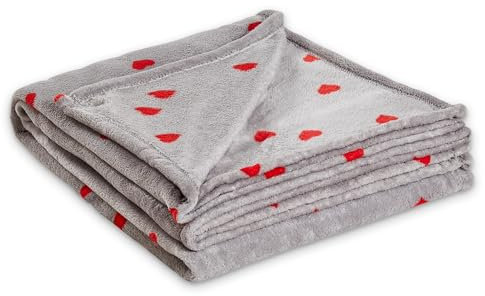 Como Kuscheldecke Grau mit roten Herzen Moderne Sofadecke, fein gestrickte Wohndecke, 100% Polyester, 240 GSM, gesäumte Einfassung 150 x 200 cm