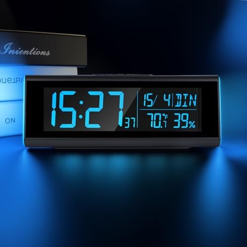 Seutgjie Tischuhr Digital, Digitaler Wecker mit RGB Licht Datum Temperatur Luftfeuchtigkeit DST VA-Display 7 Sprachen Zwei Weckzeiten Snooze Funktion für Schreibtisch Schlafzimmer Büro Modern Grau