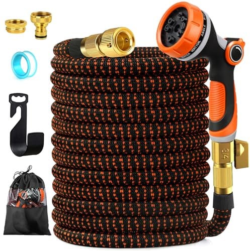 Gaeymy Gartenschlauch Flexibel Schlauch, Flexibler Wasserschlauch Flexschlauch, Dehnbarer Gartenschläuche mit 10-Funktionsdüse Brause, Brause Wasserhahn Adapter Garden Hose Wandhalterung Aufsatz(15m)