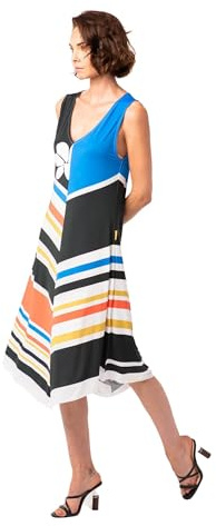Mamatayoe Vestido Colorinchi para Mujer – Vestido de Rayas, Fluido, con Escote en Pico y Tirante Ancho, Diseño Artesanal, Estampado Geométrico Multicolor