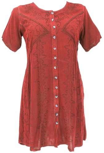 GURU SHOP Besticktes indisches Boho Minikleid, kurzärmelig, Sommerkleid | 100% Viskose, lockere Passform, regulierbare Taille, dezente Stickereien, ideal für warme Tage