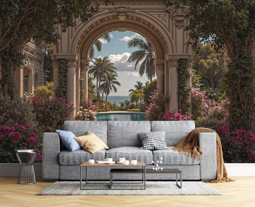Fototapete Tropengarten Landschaft 3D Effekt Tapete, Garten Bogen- Motiv Wandbild Seidenstoff Wandtapete, Wohnzimmer Schlafzimmer Kinderzimmer Wanddeko, Dunkelgrün 308x220cm (B×H)