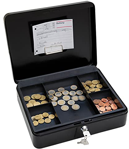 WEDO 145421H Geldkassette aus pulverbeschichtetem Stahl, Geldnoten- und Belegeklammer, 5-Fächer-Münzeinsatz, Sicherheits-Zylinderschloss, Schwarz, 30 x 24 x 9 cm