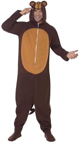 Smiffys Monkey Costume, Brown All In One with Hood, Party Animals Fancy Dress, Animal Dress Up Costumes