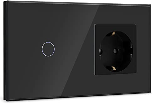BSEED Touch Lichtschalter mit Steckdose 1 Fach 1 Weg Wandschalter mit LED Anzeige Unterputz Touchscreen-schalter mit Glasrahmen 157mm Schwarz 500W(Nicht Smart Schalter)