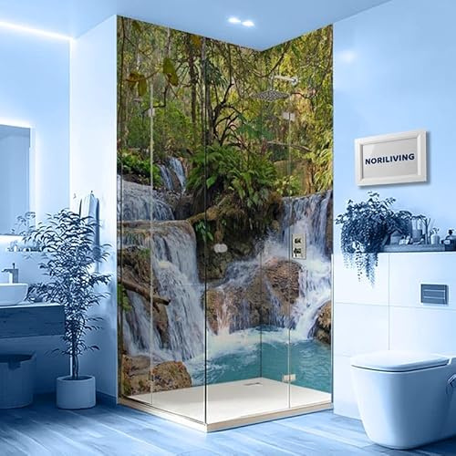 NORILIVING Duschrückwand Fliesenersatz Dusche 100x200 cm Motiv Wasserfall Kuang Si | Duschwand ohne Bohren 2 teilig | Wandverkleidung Bad Aluverbundplatte 3 mm