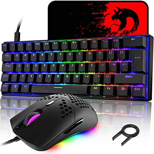 MK21 Gaming Tastatur und Maus Set, RGB 60% Mechanische Tastatur, 62 Tasten Wired Beleuchtung Gaming-Tastatur QWERTY + 6400 DPI Ultraleicht Gaming Maus + Mauspad für PS4, Xbox, PC - Schwarz/Blue Switch