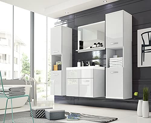 Ensemble de meubles de salle de bain Montréal XL, ensemble de meubles de salle de bain, lavabo inclus, armoire basse, armoire haute, meuble de lavabo, miroir (blanc brillant)