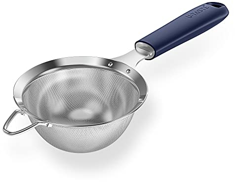 18/8 Stainless Steel Mesh Sieve: U-Taste Kitchen Metal Fine Mesh Sieve Strainer with Riveted Sturdy Silicone Handle and 30 Mesh Hole for Straining Flour, Tea, Coffee, Juice (Midnight Blue, 9.9 cm)