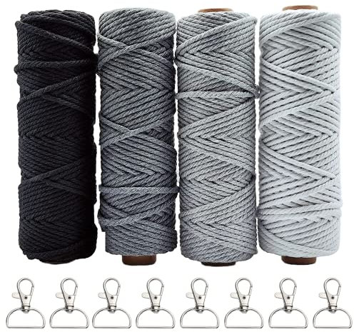 Makramee Garn Set, 4er SILARLAIT Makramee Garn 3mm 50m mit 8 Schlüsselanhänger, Makramee Garn Bunt Set, Makramee Baumwollgarn für DIY Handwerk, Dekoration für Wohnzimmer Balkon Wand (Grau)