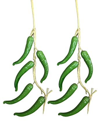 URFEDA 2 Stück Künstliche Gemüse Hängen Deko Künstliche Grün Chili Gemüse Dekoration,künstlicher Gemüse Zopf,Drinnen Dekor Für Haus Küche Garten Gemüse Party Festival Dekoration Foto Requisiten