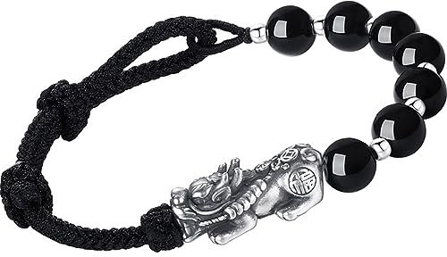 Topcrystal Feng Shui Armband Sterling Silber Armband Drache Pixiu Armband Armband Schwarz Obsidian Kristall Buddhistische Handmade Talisman Armband Natursteine Frauen Männer, Brass