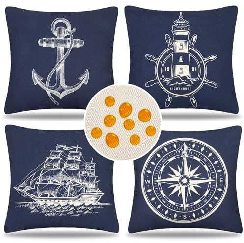 Kissenbezüge 50x50cm 4er Set Wasserdicht Leinen Sofakissen Maritimes Thema Blau Dekorative Kissenbezug Kissenhülle für Sofa Schlafzimmer Wohnzimmer Cafe Auto Outdoor Patio Garten Zuhause Dekoration