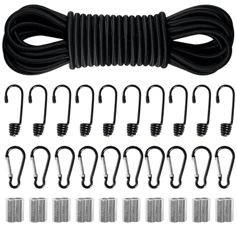 Corde Elastiche 10m x 8mm, Corda di Gomma con Ganci, Moschettoni, Doppi Manicotti in Alluminio, Corda Elastica Cavo Elastico per Teloni, Tende, Trasporto, Giardini e Portapacchi - Set Fai Da Te