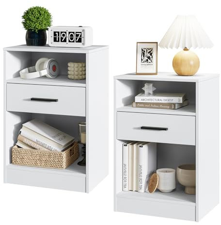 RRX Nachttisch 2er Set, Nachttisch Set 2, Beistelltisch, Nachtschrank mit Schublade, Griff, offenes Fach, Weiß 30x40x60cm (2, Weiß)