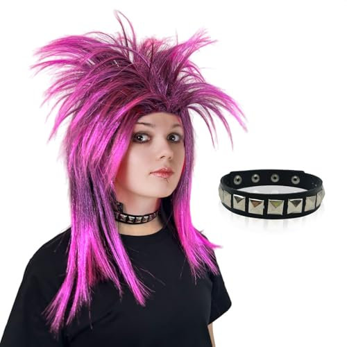 UILYNIU Perücke 70er 80er Rocker Rosa Mit Choker Vokuhila Rockstar Rocker Punk Popstar Disco Hippie Perücke für Erwachsene Party Halloween Karneval Kostümzubhör (Rosa)