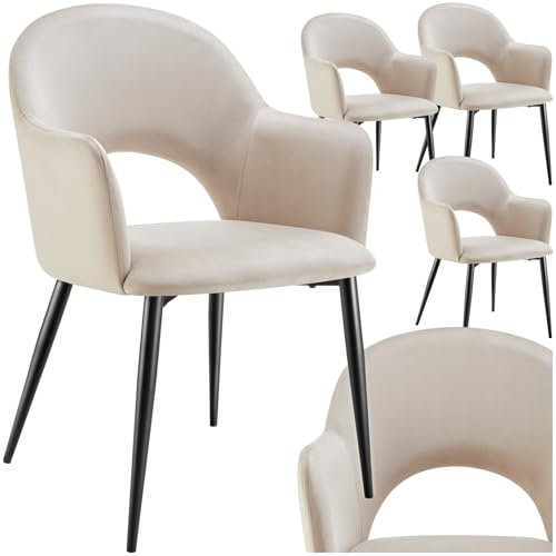 tectake® 4er Set Armlehnstuhl in Samtoptik, gepolsterte Esszimmerstühle, bis 120 kg belastbar, Stühle Esszimmer mit komfortabler Polsterung, Küchenstuhl, Esszimmerstuhl mit Stahlbeinen - Creme