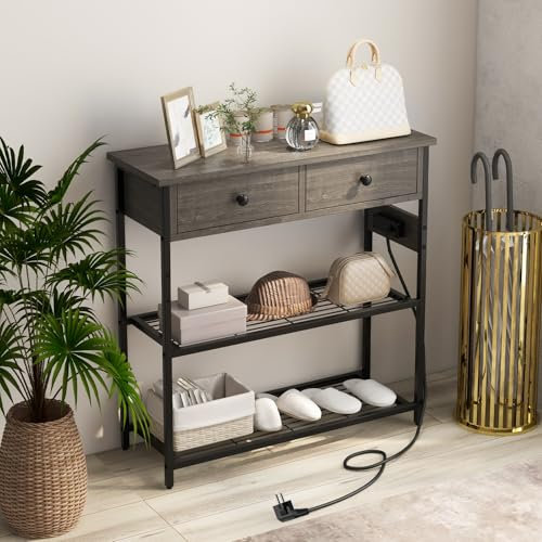 DREAMADE Table Console à 3 Niveau avec 2 Tiroir,Table d'entrée 81x30x81cm avec 2 Prises&USB&Type-C pour Salon,Couloir,Chambre (Gris)