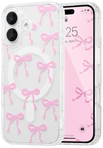 UEEBAI Magnetic for iPhone 16 Plus Case, Bow Case Compatible with MagSafe, Wireless Slim Clear Ribbon Aesthetic Phone Case Anti-Yellowing Shockproof Protective Cover for Women Girl - Pink