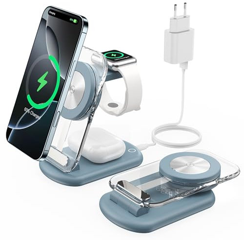 Estación de Carga inalámbrica magnética 3 en 1 para Dispositivos Apple,Cargador rápido y Plegable para Viajes,con luz Nocturna para iPhone 16, 15, 14, Apple Watch/AirPods Pro,LB