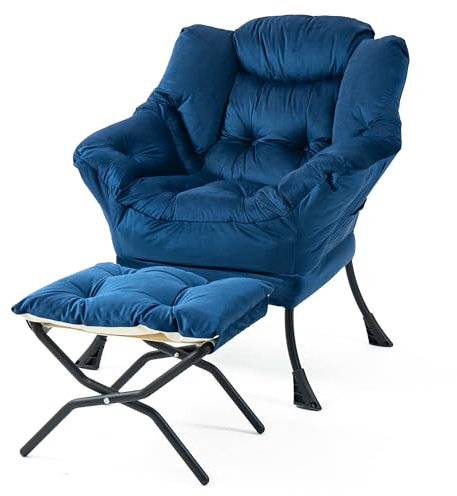 SNDMOR Sessel mit Hocker, Sessel Relaxsessel mit Metallgestell, Minimalistischer Polstersessel mit Seitentaschen, Geeignet für Schlafzimmer, Wohnzimmer, Balkone, Studie(Dunkelblau)