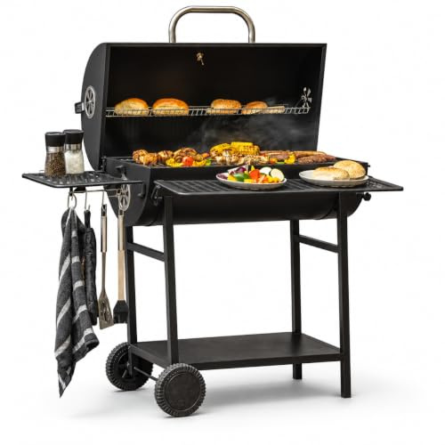 Fire Mountain Bromo Charcoal Barrel BBQ Grill 71 x 36cm Cooking Area | Warming rack built in temperature gauge garden grill for smoking roasting searing serves 6 plus
