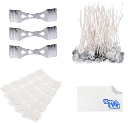 Kare & Kind Candle Wick-Kit: 50 Candle Wicks, 50 Sticker und 3 Dochthalter - Einfache Positionierung - Dochte beschichtet mit natürlichem Sojawachs, mit Papier