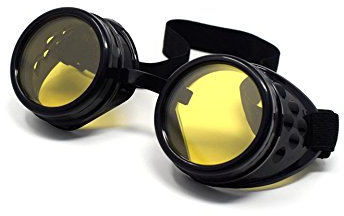 Ultra Schwarz mit Gelben Linsen Nieten Steampunk Brille Herren Damen Cyberbrille Viktorianisch Punk Schweißen Cosplay Brille Goth Rustikale Niete Runde Brille Fliegende Brille Fancy Dress
