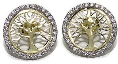 Pendientes de oro amarillo y oro blanco de 18Ktes Árbol de la vida con circonitas. 1.2cm de diámetro