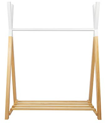 Puckdaddy - Kleiderständer Kinder Hugo 115x50x142 cm freistehend -Kleiderstange aus Kiefer Massivholz im Tipi-Design Naturweiß - Moderne Holz Kindergarderobe mit Ablage für Baby- & Kinderzimmer