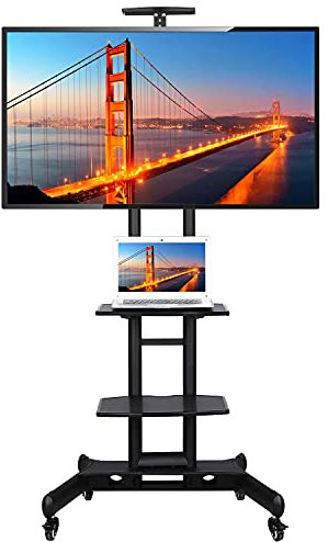Yaheetech Universal Floor TV Stand Mobile Cart on Wheels 2 Tier Tray Height Adjustable Trolley for 32-75 inch Screen, Rolling Television Bracket Stand with Top Tray