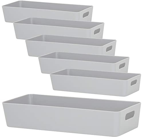 6x Ordnungsboxen - 6 cm hoch - GRAU - 30x12,5x6cm - 1,9 Liter - Ordnungskorb - Schubladenorganizer Schublade - Organizerbox - Ordnungssystem Kunststoff Aufbewahrung Bad Korb Schrank Schreibtisch Kiste