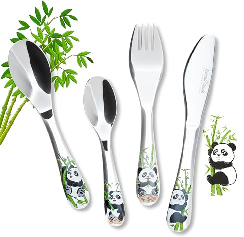Koru Kids® Cubertería infantil Panda – Juego de 4 piezas – Acero inoxidable – Cubiertos para aprender a comer – Apto para lavavajillas – Cubertería infantil – Para niños a partir de 3 años