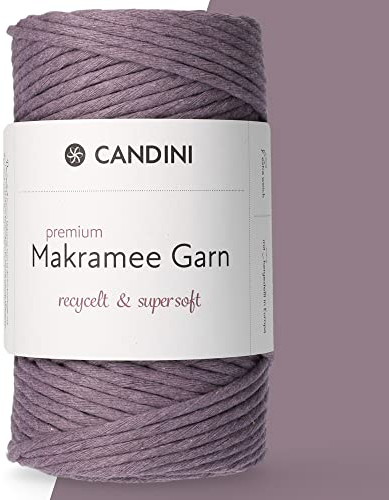 Candini Premium Makramee Garn mauve, 4mm x 100m, 100% recycelte Baumwolle, gezwirnt single-twisted, Baumwollgarn für Macrame in lavendel, lila