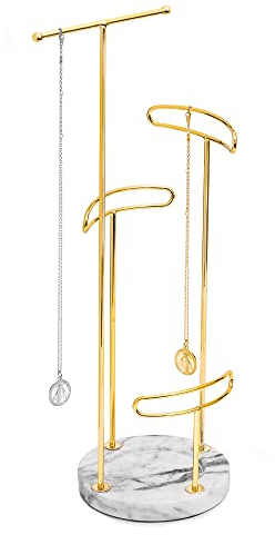 Sasha Morel 4 Tier Jewellery Stand | Hanging Tree Jewellery Organiser | Necklace Stand with Marble tray | Ring Holder Organiser Storage for Bracelet, Earring, Watch - (Gold)