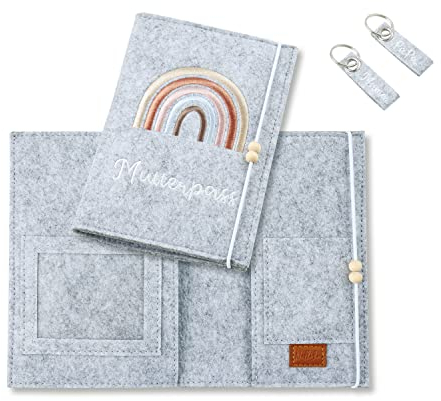 NelliBu 3-teilig Mutterpasshülle aus Filz mit Zwei Schlüsselanhänger,Handmade, Schwangere, Geschenk, Impfpass, Dokumententasche, Ultraschallbild, Organizer, Schutzhülle (Grau),