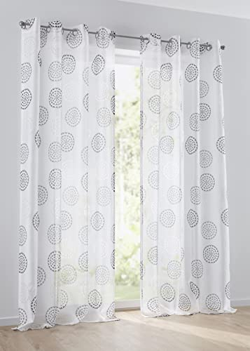Vorhang Bella anthrazit, Gardine mit Ösen, halbtransparent weiß, Ausbrenner, durchscheinend, Bedruckt mit Kreis Motiv (1 Stück) (135 x 145 cm)
